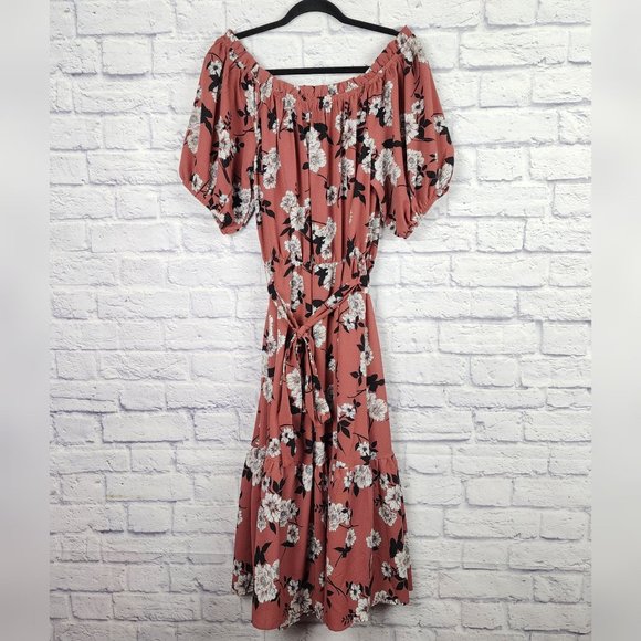 Lapis & Lillies Womens Size Large Off the Shoulder Pink Floral Tiered Midi Dress - Picture 8 of 13